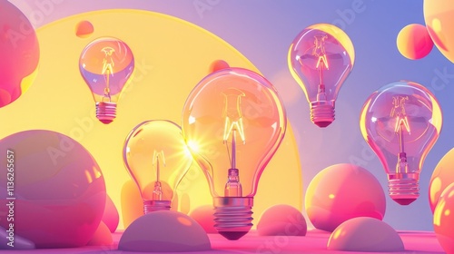 Surreal scene with floating glowing light bulbs among colorful abstract shapes and soft lighting. Generative AI