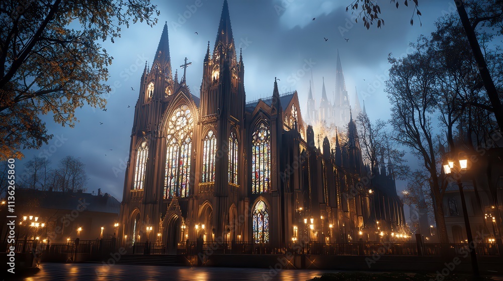 A Gothic cathedral with stained-glass windows and pointed spires