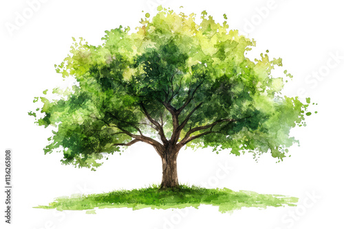 A vibrant green tree with a thick trunk and lush foliage, depicted in a watercolor style.