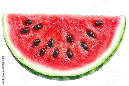 A vibrant slice of watermelon showcasing its juicy red flesh and dark seeds, with a contrasting green rind.