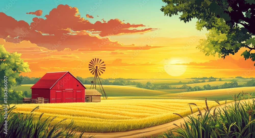 Vibrant Farm Scene: Cartoon Illustration of Red Shed Amidst Lush Fields and a Windmill Under a Colorful Sunset Sky Vibrant Farm Scene: Cartoon Illustration of Red Shed Amidst Lush Fields and a Windmill Under a Colorful Sunset Sky