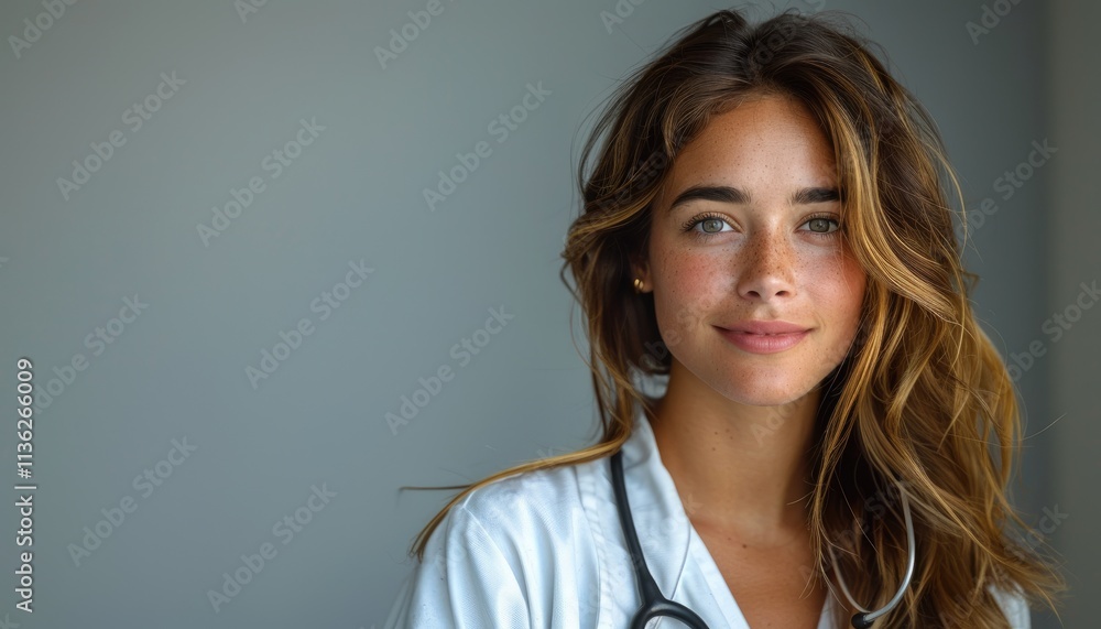 Young Female Doctor With Stethoscope Poses Confidently Young Female Doctor With Stethoscope Poses Confidently