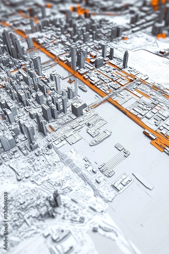3D LiDAR GIS map of an urban waterfront showing elevation docks and infrastructure layouts. 3D LiDAR GIS map of an urban waterfront showing elevation docks and infrastructure layouts.