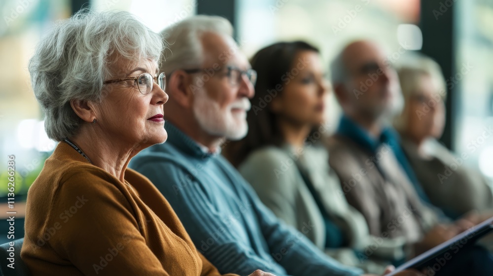 A group of people, including an elderly woman, attentively listening during a meeting or presentation in a bright, modern setting. A group of people, including an elderly woman, attentively listening during a meeting or presentation in a bright, modern setting.