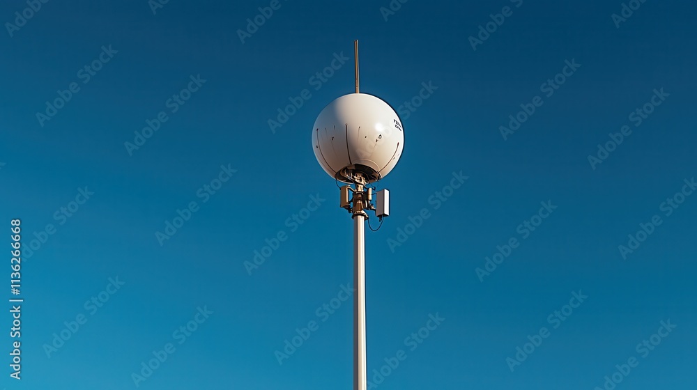 A massive satellite dish pointed toward the sky under a clear blue background A massive satellite dish pointed toward the sky under a clear blue background