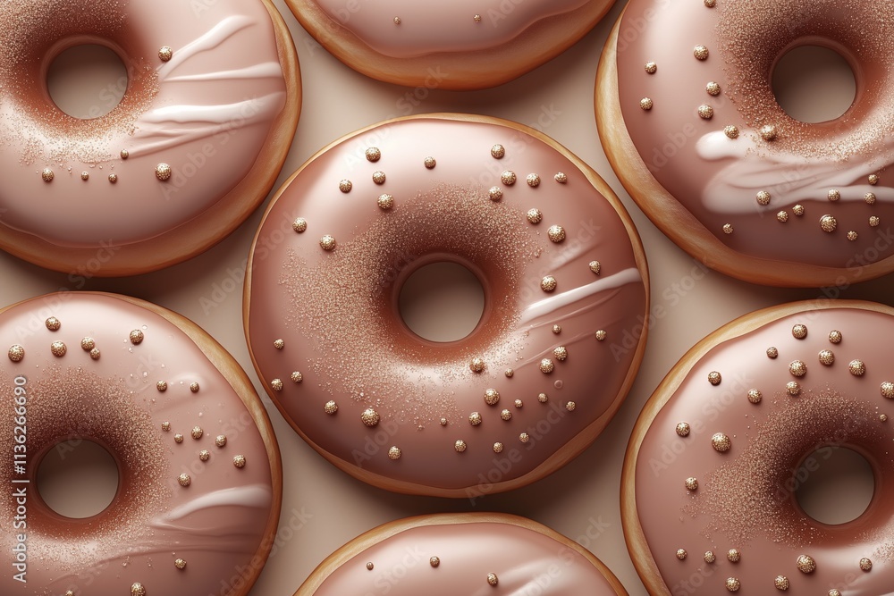 donuts with golden sprinkles on top, arranged in a pattern on a light brown background donuts with golden sprinkles on top, arranged in a pattern on a light brown background
