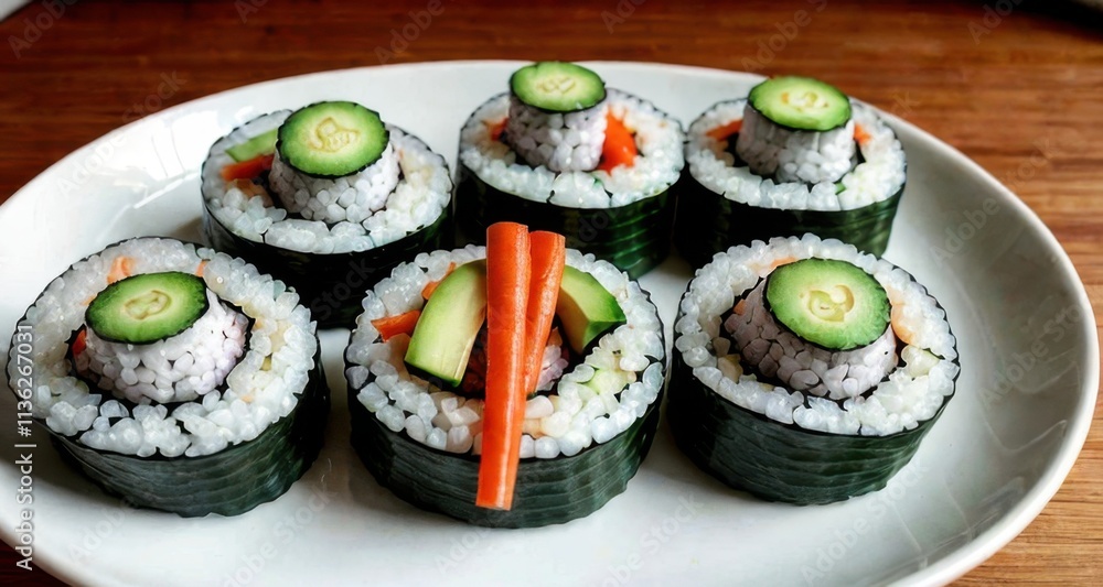 A plate of sushi rolls featuring cucumber, carrots, and seaweed. A plate of sushi rolls featuring cucumber, carrots, and seaweed.