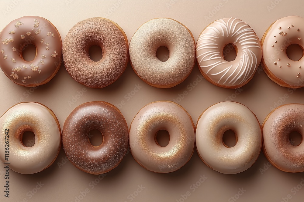 donuts with golden sprinkles on top, arranged in a pattern on a light brown background donuts with golden sprinkles on top, arranged in a pattern on a light brown background