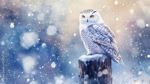 A majestic snowy owl perched on a frosty post in a serene winter scene, surrounded by softly falling snowflakes and a blurred snowy backdrop.  
 photo