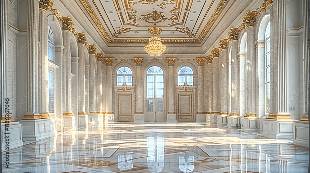 Fototapeta premium White and gold marble ballroom, featuring a large.