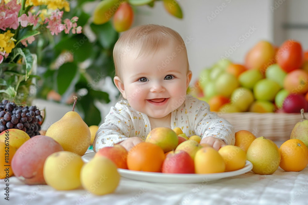 Baby enjoys colorful fruits in a bright and cheerful setting with flowers