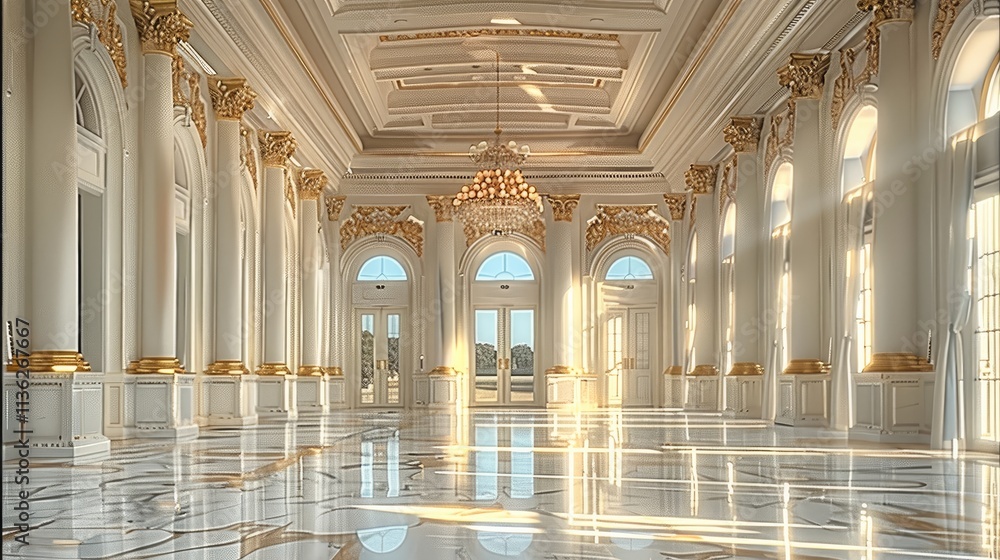 Fototapeta premium White and gold marble ballroom, featuring a large.