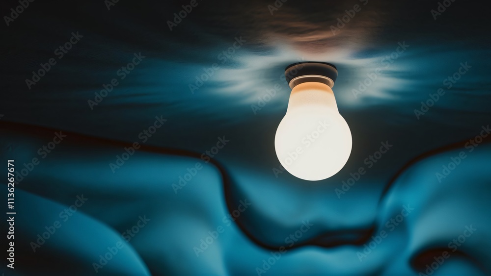 Single Light Bulb Illuminating Abstract Teal Background, Modern Interior Design Single Light Bulb Illuminating Abstract Teal Background, Modern Interior Design