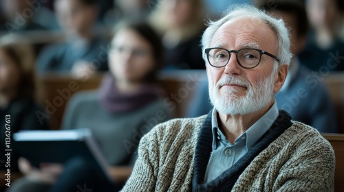 A thoughtful elderly man with glasses listens intently in a lecture hall, surrounded by an audience, conveying wisdom and experience.