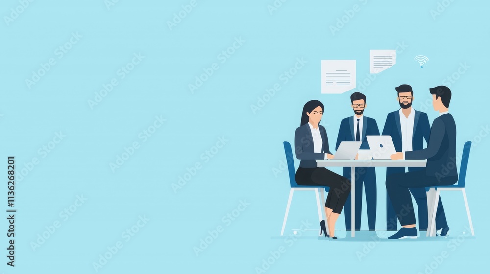A group of professionals collaborating at a table with laptops and documents. A group of professionals collaborating at a table with laptops and documents.