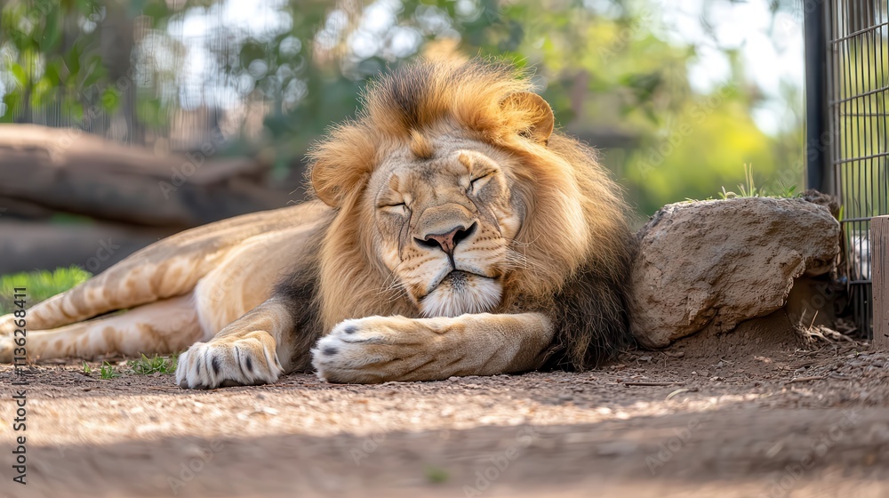 Naklejka premium A majestic lion resting with its mane blowing slightly