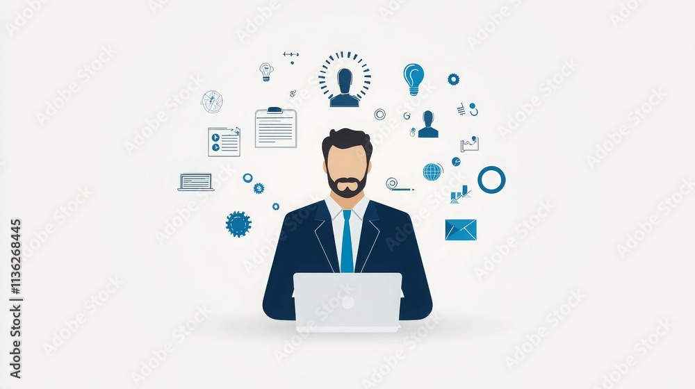 A man working on a laptop surrounded by various icons representing ideas and tasks. A man working on a laptop surrounded by various icons representing ideas and tasks.