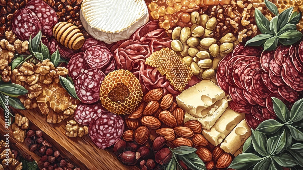 A rich illustration of a charcuterie board filled with an array of meats, cheeses, nuts, and fresh fruits. The textures of the creamy brie, golden honeycomb, and rustic wooden board are intricately A rich illustration of a charcuterie board filled with an array of meats, cheeses, nuts, and fresh fruits. The textures of the creamy brie, golden honeycomb, and rustic wooden board are intricately