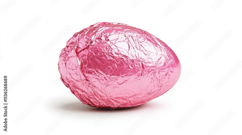Easter Delight: Unwrapped Chocolate Egg in Shimmering Pink Foil on a Bright White Background Easter Delight: Unwrapped Chocolate Egg in Shimmering Pink Foil on a Bright White Background