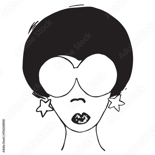 Young girl hand drawn in ink, silhouette of woman with glasses in disco style, girl with a fluffy hairstyle and star-shaped earrings in the style of the 70s and 80s