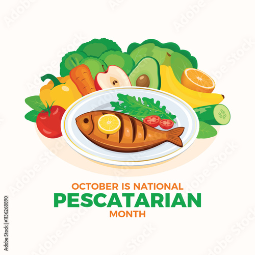 October is National Pescatarian Month poster vector illustration. Healthy grilled whole fish on a plate icon vector. Fish, fruits, vegetables drawing. Template for background, banner, card