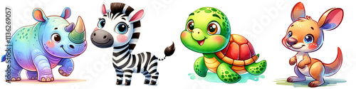 Cute cartoon animals including rhinoceros, zebra, turtle, and kangaroo photo