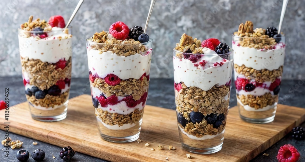 Four layered parfaits with yogurt, granola, and mixed berries served in clear glasses. Four layered parfaits with yogurt, granola, and mixed berries served in clear glasses.