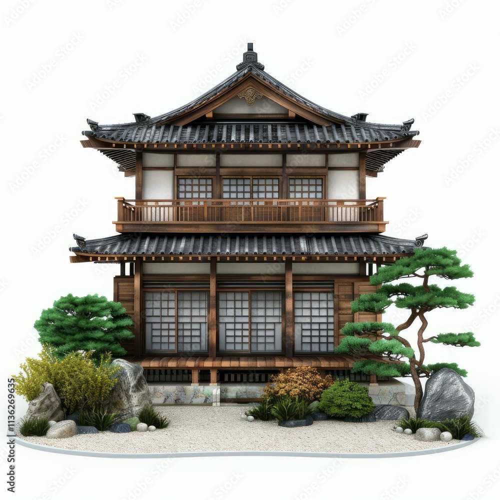 Fototapeta premium Traditional japanese house with a wooden facade and a tiled roof, featuring a serene zen garden with rocks, bushes, and trees, isolated on white background
