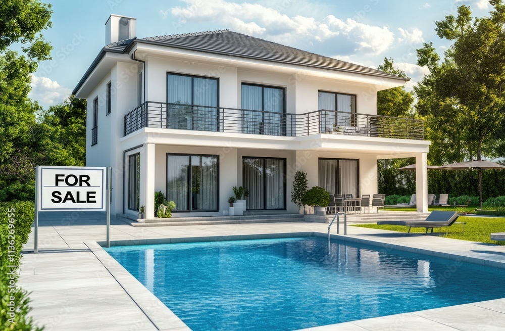 closeup of Modern two-story white house with a pool and terrace, gray roof, white walls, black windows, with sign board closeup of Modern two-story white house with a pool and terrace, gray roof, white walls, black windows, with sign board