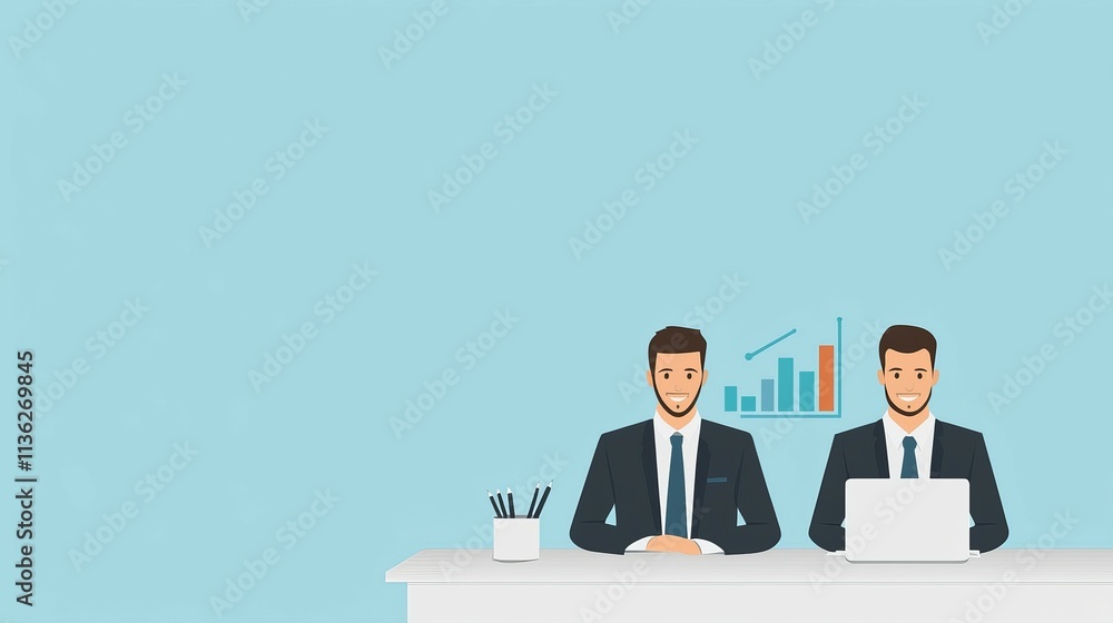 Two businessmen sitting at a desk with a laptop and a growth chart in the background. Two businessmen sitting at a desk with a laptop and a growth chart in the background.