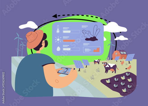 Farmer analyzing data on eco farming isolated flat vector illustration. Farmer working with data on feeding cows. Automation, implementation and smart technology concept