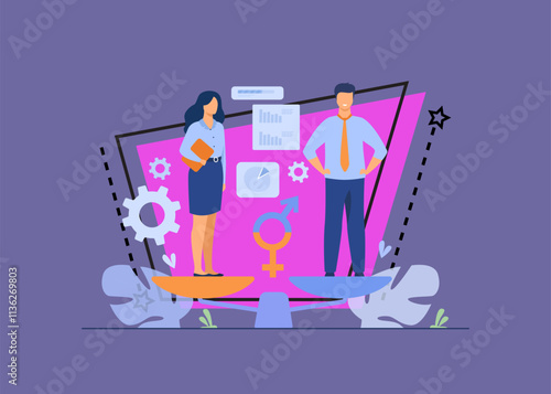 Gender equality concept. Equal business man and woman on balance scale. Male and female employees with equal career opportunities. Workforce without gender discrimination
