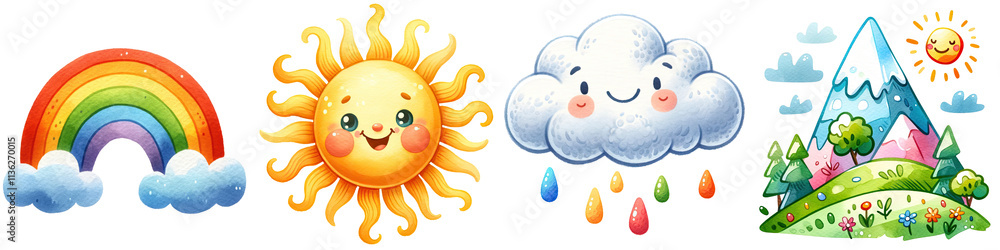 Colorful rainbow, cheerful sun, cute cloud, and vibrant mountain landscape