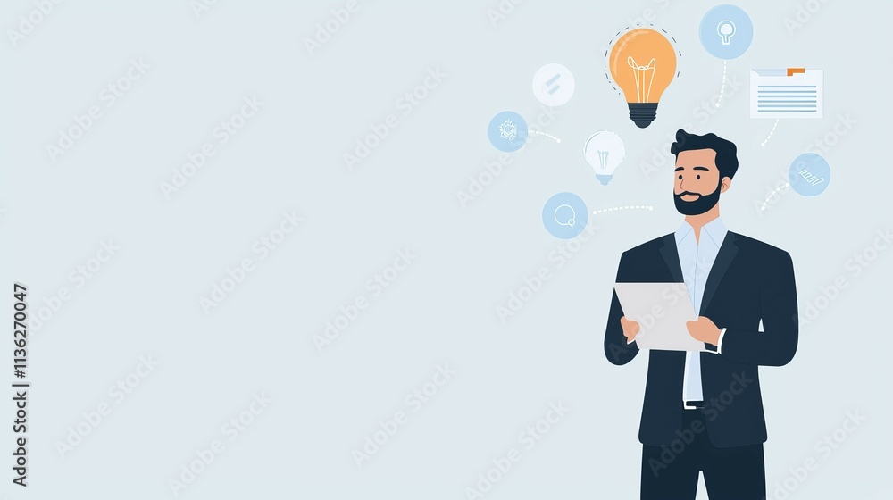 A businessman holding a tablet with ideas represented by light bulbs and icons around him. A businessman holding a tablet with ideas represented by light bulbs and icons around him.