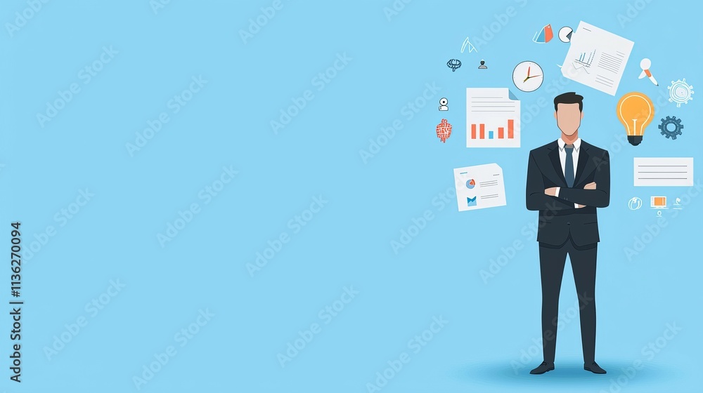A businessman stands confidently with various business-related icons around him. A businessman stands confidently with various business-related icons around him.