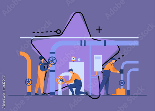 Handymen working in team and fixing leakage in boiler room flat vector illustration. Cartoon plumbers repairing pipes with tools. Flight crew and aircraft concept