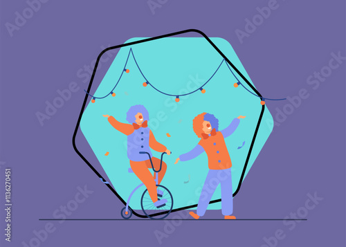 Happy clowns standing on circus arena flat vector illustration. Cartoon joker characters performing show on colorful background. Comedy and entertainment concept