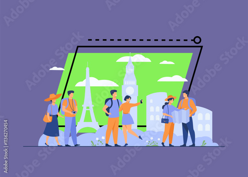 Happy couples traveling in Europe and taking photo isolated flat vector illustration. Cartoon group of people with backpack, camera and map. Vacation and tourism concept