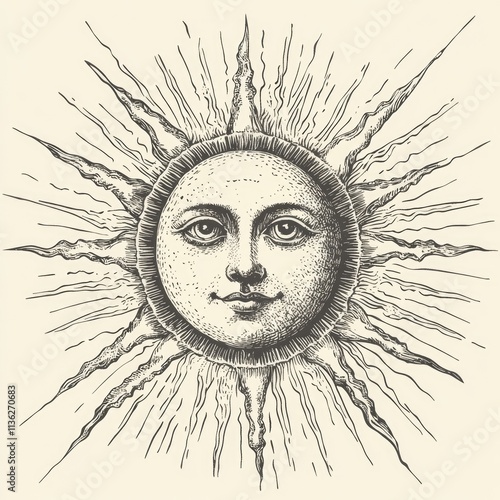 Nostalgic Celestial Sun Featuring a Face: An Engraved Symbol of Astrology and Art