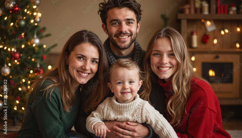 A happy family, including a baby, poses for a Christmas portrait in front of a decorated tree and a lit fireplace. They are all smiles, dressed in festive sweaters in red, green, and white. A happy family, including a baby, poses for a Christmas portrait in front of a decorated tree and a lit fireplace. They are all smiles, dressed in festive sweaters in red, green, and white.