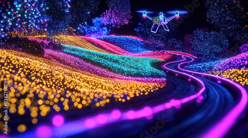 A striking artwork of a smart agricultural field, where glowing IoT sensors analyze crop health, while drones equipped with AI deliver targeted care. The vibrant colors of the crops and advanced 