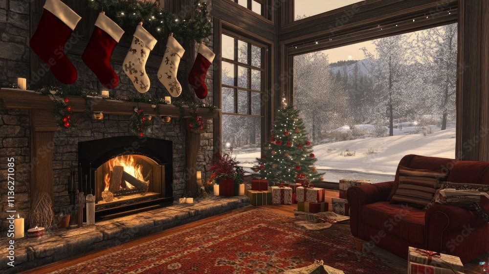 A cozy Christmas setting featuring a warm fireplace, stockings hung above, and a snowy view outside the window, creating a serene holiday retreat. A cozy Christmas setting featuring a warm fireplace, stockings hung above, and a snowy view outside the window, creating a serene holiday retreat.
