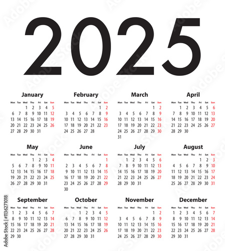 English Calendar grid regular digits for 2025. MF