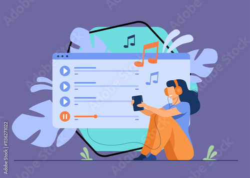 Happy girl wearing headphones, enjoying playlist, listening to music on mobile phone, singing songs. Vector illustration for entertainment, audio app, multimedia concepts