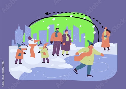 Happy people walking and having fun in winter park isolated flat vector illustration. Cartoon kids making snowman, guy skating. Winter activities and snowy landscape concept