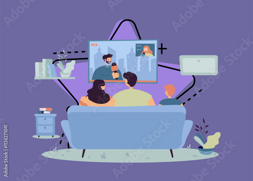 Happy family with kid sitting on sofa and watching news isolated flat vector illustration. Back view of cartoon people on coach in living room. TV show and entertainment concept