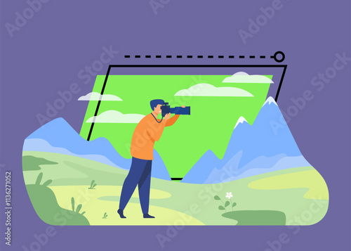 Happy travel photographer taking picture of nature isolated flat vector illustration. Cartoon character shooting mountains on camera. Photography and landscape concept