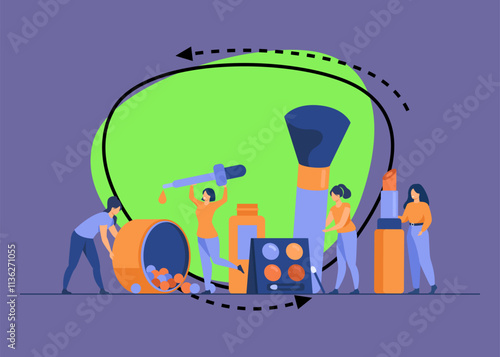 Happy tiny women testing makeup products flat vector illustration. Cartoon female characters cosmetics masterclass or course. Beautician parlor and beauty workshop concept