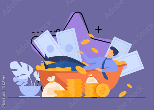 Happy millionaire taking bath with cash. Rich man and huge heap of money. Vector illustration for financial success, successful businessman, wealth concept
