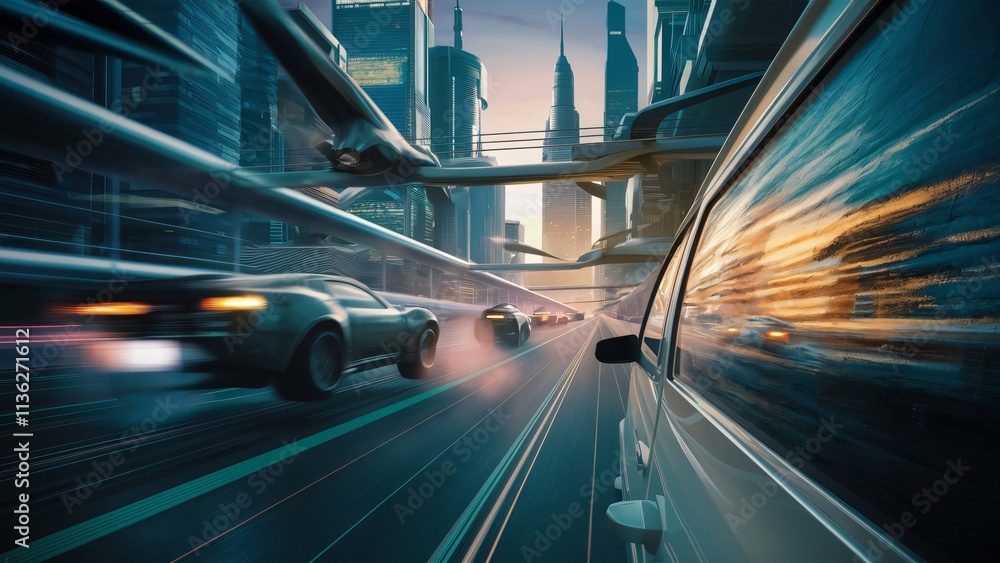 Fototapeta premium Futuristic City Highway, Flying Cars and Speeding Vehicles